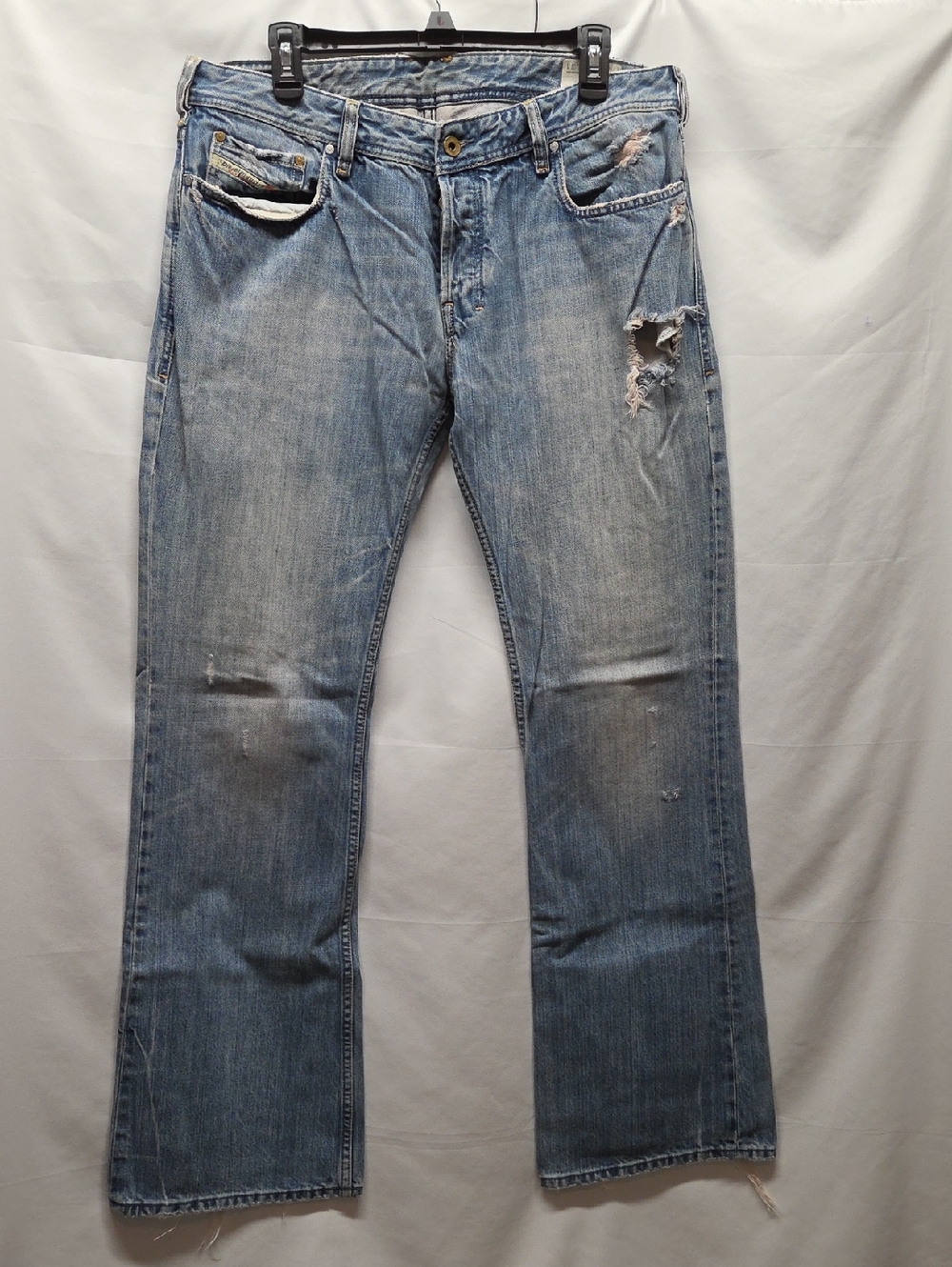 Men's Light Blue Bootcut Jeans with Distressed Details